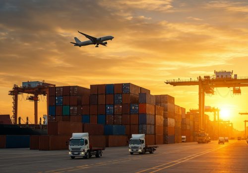 shipping-port-sunset-cargo-airplanes-trucks